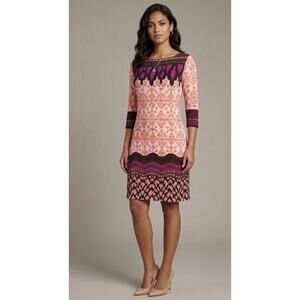 Apt. 9 Boho Ikat Print Dress Size 10 Pink Magent Tribal Pattern Tunic-3/4 Sleeve